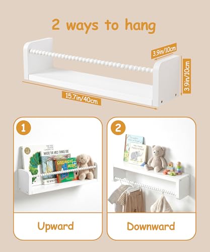 Nursery Book Shelves for Wall Set of 3, White Natural Wood Bookshelf Wall Decor, Small Floating Shelf Organizer for Kids Room, Bedroom, Kitchen Spice Rack - color: White, size: 16 inch