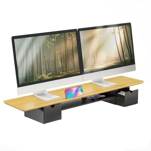 Mount-It! Extra Wide 39" Real Solid Bamboo Dual Monitor Stand Riser, 2 Metal Drawers + Shelf, 66 lbs, Built-In Device Slot, Home Office Desk Organizer