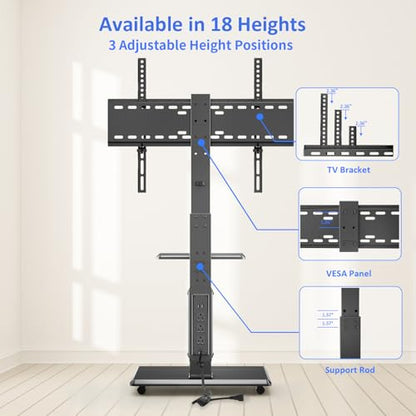 Rolling TV Stand with Power Outlet, Mobile TV Cart for 32-75 Inch TVs up to 110 lbs, 18 Adjustable Heights, Max VESA 600x400mm, TV Floor Stand with Swivel Mount/Shelf/Wheels, Fits for Bedroom, Outdoor - style: 2-GM-A01