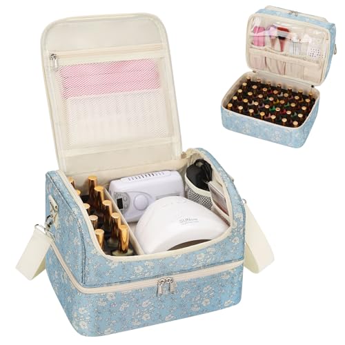 CUBETASTIC Nail Polish Organizer, Nail Supplies Storage Case Holds 45 Bottles Nail Polish & Nail Lamp, Travel Nail Tech Carrying Bag, Nail Kit Bag For Nail Stuff & Manicure Tools - color: Blue with White Flower, size: 45 Slots