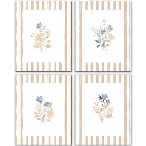 JINYO Neutral Rustic Floral Wall Art Prints Set of 4, Floral Room Decor, Beige and White Striped Cottagecore Flower Posters Pictures Wall Decor for Home Bedroom Living Room, 8x10 Unframed - color: Plant poster set of4-1
