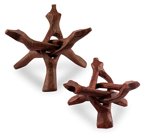 Wish Well 2 Piece Wooden Tripod Stand - 4" & 6" Hand-Carved Room Decor Holder ~ Ideal for Abalone Shell, Decorative Bowl, Crystal Ball, Sphere, Geode ~ Wood Display Stand & Perfect Crystal Holder - color: 4" and 6" Stained (Reddish Brown)