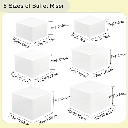 Yimy 6 PCS Buffet Risers, White Acrylic Food Risers for Buffet Table, Cube Boxes with Hollow Bottoms, Catering Display Stand Shelf for Dessert Party Jewelry & Collectibles(5"x6"x6.8"x7 x7.5 x8'')