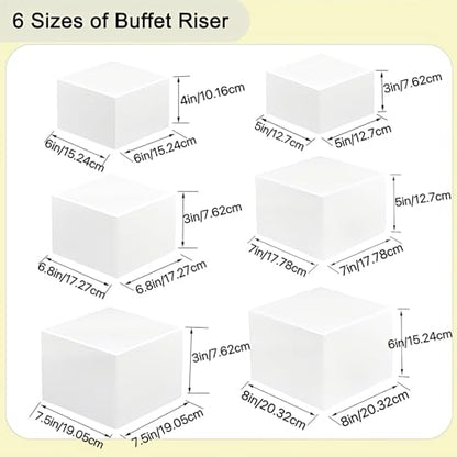 Yimy 6 PCS Buffet Risers, White Acrylic Food Risers for Buffet Table, Cube Boxes with Hollow Bottoms, Catering Display Stand Shelf for Dessert Party Jewelry & Collectibles(5"x6"x6.8"x7 x7.5 x8'')