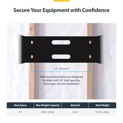 StarTech.com 4U Wall Mount Network Rack - 14 Inch Deep (Low Profile) - 19" Patch Panel Bracket for Shallow Server and IT Equipment, Network Switches - 44lbs/20kg Weight Capacity, Black (WALLMOUNT4) - size: 4U