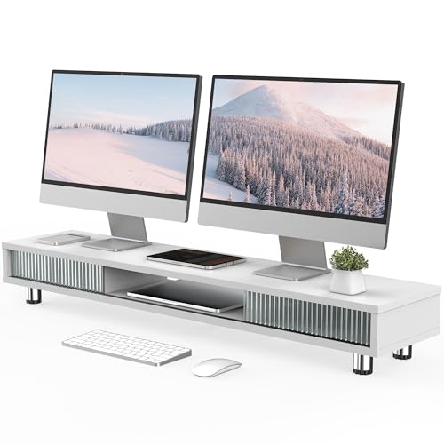 Fenge Dual Monitor Stand, 42.5inch Long Monitor Stands Riser for 2 Monitors, Glass Sliding Door with Storage Organizer Stand for Desk, 2 Tier Desk Shelf for Laptop, Pc, Printer, Computer, TV - color: White