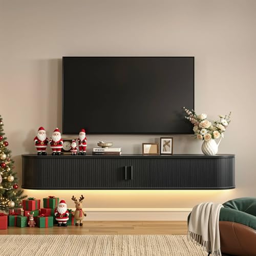 63" Floating TV Stand with Power Outlet for TVs up to 75", Fluted Entertainment Center with Remote Control for LED Lights, Mid-Century Modern TV Console w/Sliding Door for Living Room, Bedroom Black - color: Black, size: 63IN