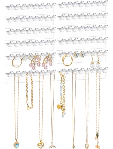 NiHome 12-Pack 96 Hooks Wall-Mounted Clear Plastic Jewelry Organizers for Earrings, Necklaces, Bracelets, Rings, Studs, No-Drill Adhesive Installation Racks for Closet, Bathroom, Bedroom, Mirror - color: Clear-12PCS