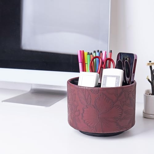 Round Leather Art Supply Organizer,Remote Control Holder,360 Degree Spinning,Multi-Functional Pencil Holder,4 Compartments Desktop Stationary Organizer(1-Carved Dark Brown) - color: 1-Carved Dark Brown
