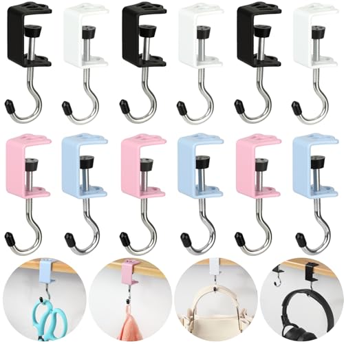 VZZNN 12 Pack Purse Hook for Table Heavy Duty Non-Slip Purse Hook for Desk Adjustable Clamp-on Under Desk Hanger High-Strength Alloy Material for Table for School/Office,Black+Blue+Pink+White - color: Black+Blue+Pink+White