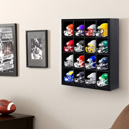 Colingmill 1 Pack Mini Helmet Display Case Pocket Size Football Helmets Wooden Stand Display Cabinet Wall Racks, 11.54"x10.35"x2.4", 4x4 Grid, Black, No Door No Cover(Black) - color: Black