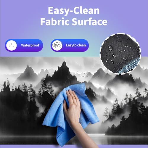 Large Gaming Mouse Pad (31.5" x 15.8") - Foggy Forest Misty Mountain Landscape Painting Black and White Wonderland, Extra XXL Extended Office Accessories, Premium Stitched Anti-Slip Desk Mat - color: Foggy Forest