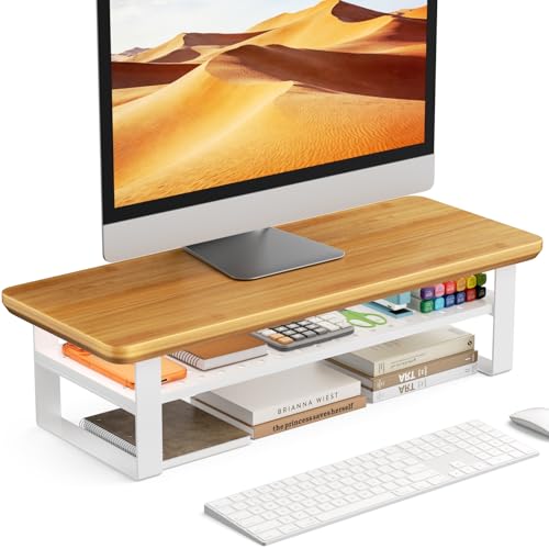 Monitor Stand Riser, 24 Inch Computer Monitor Stand for Desk, 2-Tier Wood Desk Shelf Organizer with Storage, Desktop Stand for Laptop/Screen/PC/Printer, Ergonomic Home Office Monitor Stand - color: Cherry Wood, size: 23.6in
