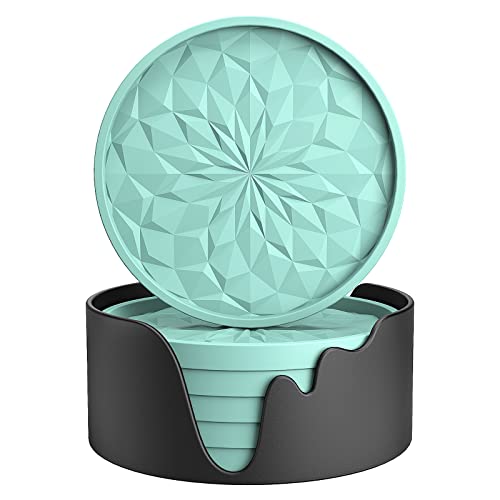 ME.FAN Silicone Coasters with Holder,[6 Pack] Drinking Coasters - Cup Mat for Hot or Cold Drinks, Thickened, Non-Slip, Non-stick,Deep Tray Mint Green - color: Mint Green
