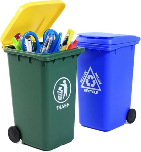 Wiosi Mini Garbage Trash Pen Holder for Desk | Tiny Recycle Bin Pencil Holder Green & Blue, Pack of 2 | Storage for Pencil & Pen | Office Stationery to Organize the Desk | Ideal for Student Work - color: Blue-Green, size: 5.5"
