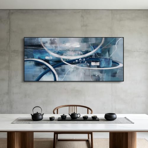 Blue Grey Intertwined Abstract Canvas Wall Art for Living Room 70x31 Inches | Oversized Elegant Cool Tone Fluid Textured Painting Black Frame Modern Luxury Wall Decor for Large Main Master Bedroom Wall - color: Blue and white, size: 70"L x 31"W