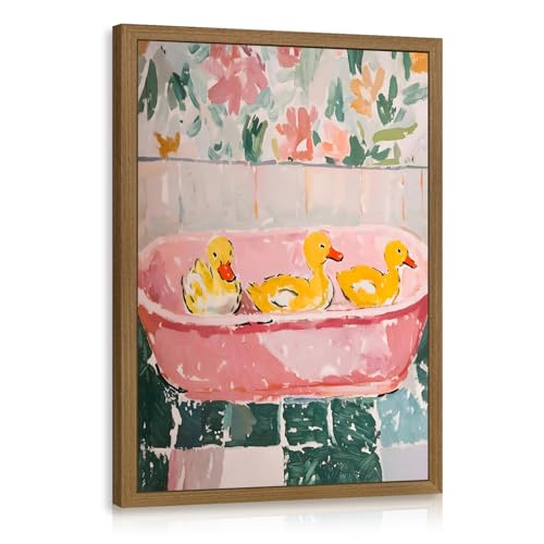 LERVR Wood Framed Funny Ducks Bathroom Wall Art, Cute Yellow Ducks in Pink Bathtub Canvas Print, Whimsical Animal Decor, Soft Pastel Aesthetic Artwork for Girls Bathroom Nursery Bedroom 16x24 Inch - color: DuckBathtub, size: 24"L x 16"W