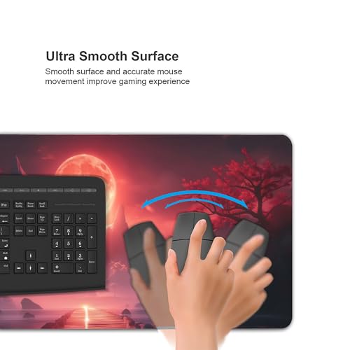 Extended Gaming Mouse Pad, Red Landscape Design, Non-Slip Rubber Base, Stitched Edges, Rectangular, 35.4 x 15.7 Inches - color: red sun