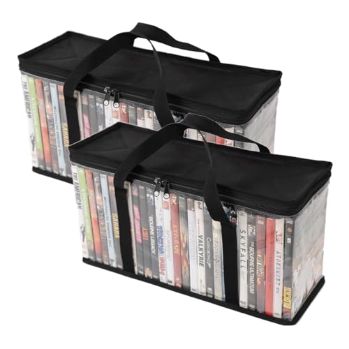 Set of 2 DVD Storage Bags,Transparent PVC Media Storage,Media Organizer Bag for DVDs, CDs, Video Games, VHS Box, Video Game Disks,With Reinforced Carrying handles (2, Medium) - size: Medium