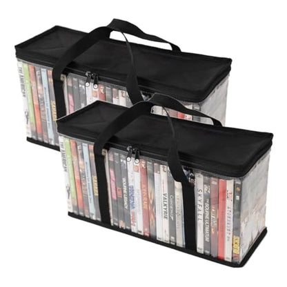 Set of 2 DVD Storage Bags,Transparent PVC Media Storage,Media Organizer Bag for DVDs, CDs, Video Games, VHS Box, Video Game Disks,With Reinforced Carrying handles (2, Medium) - size: Medium