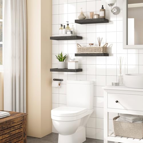 HOOBRO Floating Shelves for Wall, Wall Mounted Shelf Set of 2, 15.7" Hanging Shelf with Invisible Brackets, for Wall Decor Storage in Bathroom Bedroom Kitchen Livingroom Office, Charcoal Gray BC40BJ01 - color: Charcoal Gray, size: 15.7 Inches