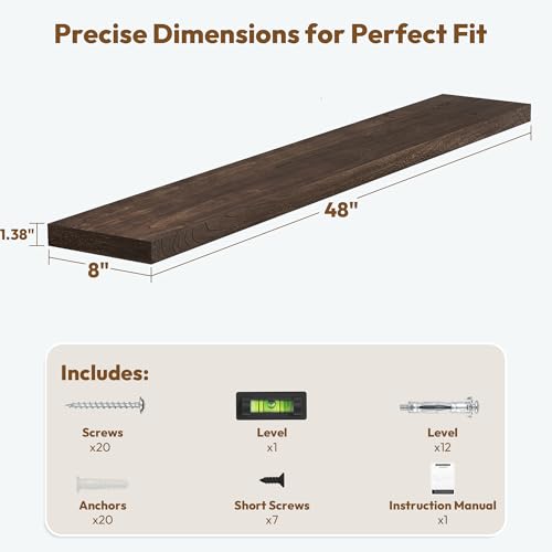Flat Edge Elm Wood Floating Shelf with Invisible Bracket 48”American Walnut - color: American Walnut, size: 48”,set of 1