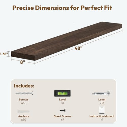 Flat Edge Elm Wood Floating Shelf with Invisible Bracket 48”American Walnut - color: American Walnut, size: 48”,set of 1