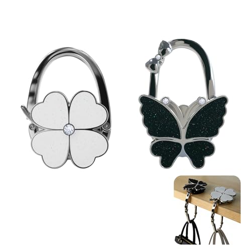 2PCS Foldable Handbag Hanger Butterfly and Four Leaf Clover Design Purse Hook for Table Hangs Almost Anywhere