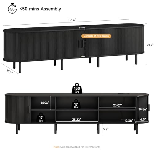 ONBRILL 86.6" TV Stand with Power Outlet for TVs up to 90 Inch, Entertainment Center with Storage and Adjustable Shelves, Modern Media Console with Sliding Doors for Living Room, Black - color: Black, size: 86.6 Inch