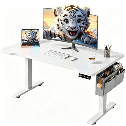 EnHomee Electric Standing Desk with LED Lights,Computer Desk 56 x 24 Inch Height Adjustable with 3 Memory Preset,Gaming Sit Stand Desk with Storage Side Pocket and Cable Management,White