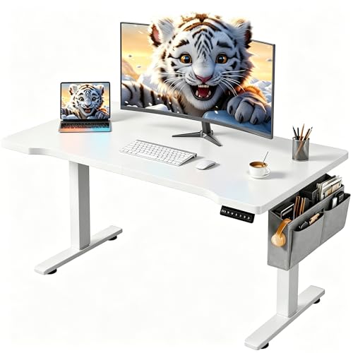 EnHomee Electric Standing Desk with LED Lights,Computer Desk 56 x 24 Inch Height Adjustable with 3 Memory Preset,Gaming Sit Stand Desk with Storage Side Pocket and Cable Management,White