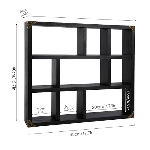 17.7x15.7-Inch Shadow Box Shelf 9-Slot Rustic Floating Shelves Larger Wall Mounted Lightweight Solid Wood Display Freestanding Farmhouse Shelf (9C-Classic Black) - color: 9c-classic Black, size: 1 PCS