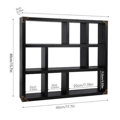 17.7x15.7-Inch Shadow Box Shelf 9-Slot Rustic Floating Shelves Larger Wall Mounted Lightweight Solid Wood Display Freestanding Farmhouse Shelf (9C-Classic Black) - color: 9c-classic Black, size: 1 PCS
