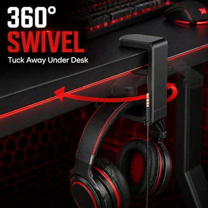 Clamp-On Under Desk Headphone Hanger, 360° Rotating Hook with Cable Clip, No Adhesive No Drill, Gaming & Office Desk Headset Organizer Black