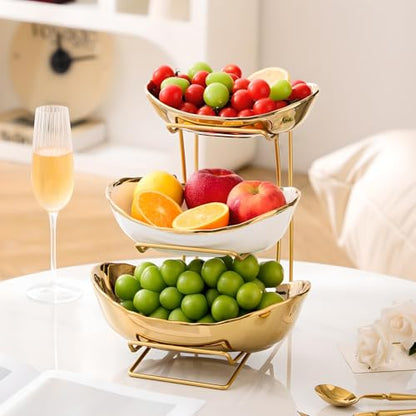 Gold Silver Fruit Bowl with Metal Stand, 3 Tier Ceramic White Fruit Bowl Fruit Rack for Kitchen Counter, Tiered Fruit Basket for Snacks Bread Candy Storage (Silver (Smooth Surface)) - color: Silver (Smooth Surface)
