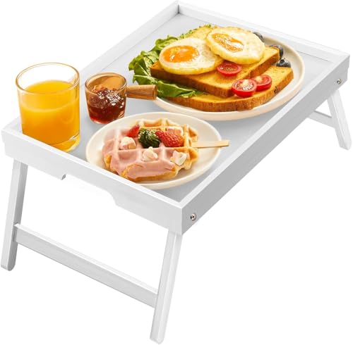 Bamboo Bed Tray for Breakfast, Snack Table with Folding Legs for Eating, Sofa, Couch, Working by Pipishell (White) - color: White, size: 16.3" x 11.8" x 6"