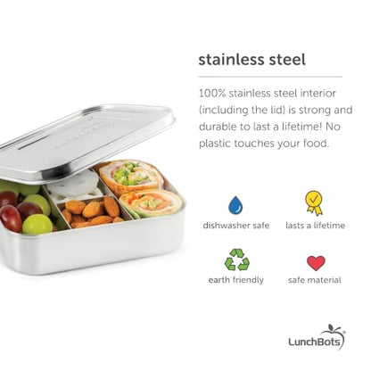 LunchBots Small Protein Packer Bento Box - Extra Small Divided Stainless Steel Snack Container - 4 Sections for 1-2oz of Nuts, Meat, Cheese, Finger Foods - Dishwasher Safe - Stainless Lid - size: 4 Section