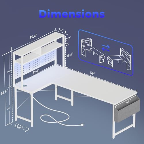 Mericonia 59 inch Large L Shaped Desk with Pegboard Hutch & Shelves, Corner Gaming Desk with Power Outlet, LED Light & Storage Bag, Reversible Computer Desk for Home, Bedroom, Office Workspace, White - color: White, size: 59 inch