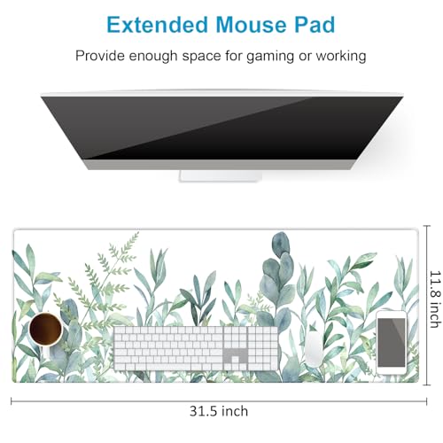XXL Waterproof Office Desk Pad Protector 31.5x11.8 Inch - Extended Gaming Mouse Pad with Non-Slip Rubber Base, Thickened Keyboard Mat, Stitched Edges & Green Plants Design - color: Green White