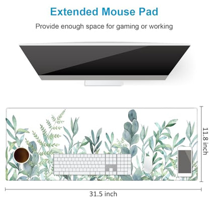 XXL Waterproof Office Desk Pad Protector 31.5x11.8 Inch - Extended Gaming Mouse Pad with Non-Slip Rubber Base, Thickened Keyboard Mat, Stitched Edges & Green Plants Design - color: Green White