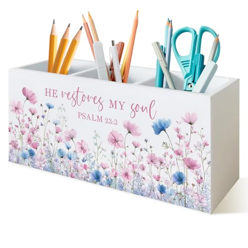 Floral Christian Pen Holder for Desk,Psalm 23:3 Bible Verse Religious Wooden Box Sign Desk Decor for Home Girls Room Dorm Tabletop Shelf Decoration,Christian Gifts for Women Men - color: Floral Christian
