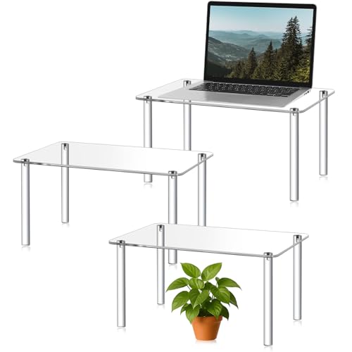 RattanView 3 Pcs 16, 15, 14 Inch Acrylic Risers Display Stands Rectangular 4-leg Acrylic Plant Stand, 6mm Thick Clear Shelf Riser Display Stands for Decor Collectibles Figures and Item Photography - size: 16×10×8 In，15×9×7 In， 14×8×6 in