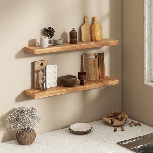 Fun Memories 36 Inch Floating Shelves for Wall, Solid Elm Wood Wall Shelf for Home Decor, Heavy-Duty Hardwood Floating Shelf for Bedroom, Bathroom, Living Room, Set of 2 - color: Usa-sourced Elm Wood, size: 36"W x 6.7"D