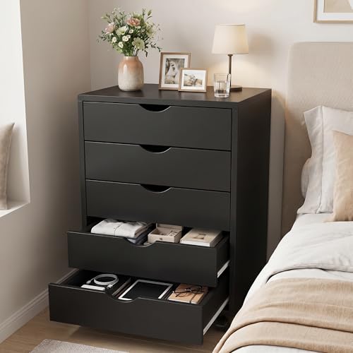 5 Drawer Mobile File Cabinet Under Desk Storage Organization with Wheels Vertical Filing Chest Rolling Wood Small Desk Printer Stand for Home Office, Black - color: Black, size: 15.75"D x 18.74"W x 25.39"H