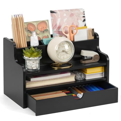 Mail Organizer Countertop, 4 Slots Desk Organizer with Drawer and Shelf, Wooden Mail Sorter for Desk, Desktop File Holders for Storage Pens, Envelopes and Bills - color: Black-2