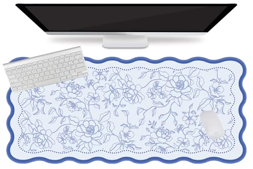 L-SPOUTTO Vintage Floral Mouse Pad,Aesthetic Desk Mat XXL Large Scalloped Gaming Mousepad,35.4x15.7in Non-Slip Keyboard Pad Waterproof Desktop Mat for Laptop Computer Work Game Home Office-Blue - color: Vintage Floral Blue