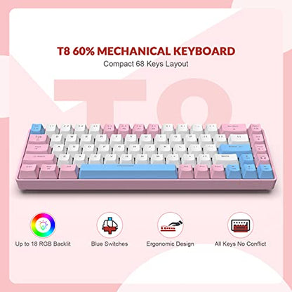 ZIYOU LANG RK-T8 Wired 65% Mechanical Gaming Keyboard with RGB LED Backlit Anti-ghosting TKL Mini 68 Key Custom Coiled C to A Cable Tactile Blue Switch for PS4 PS5 Xbox PC Mac Gamer(Pink/White/Blue) - color: Pink White Blue, size: 65% Keyboard