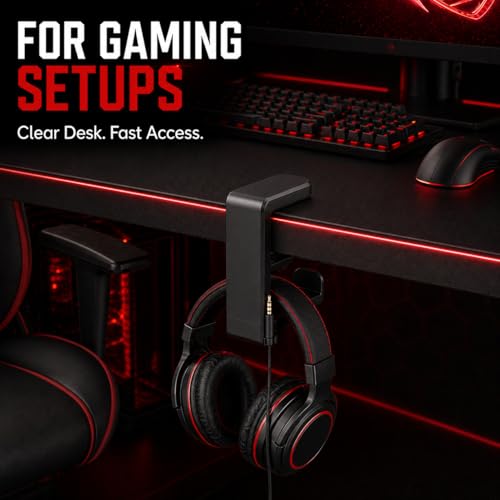 Clamp-On Under Desk Headphone Hanger, 360° Rotating Hook with Cable Clip, No Adhesive No Drill, Gaming & Office Desk Headset Organizer Black