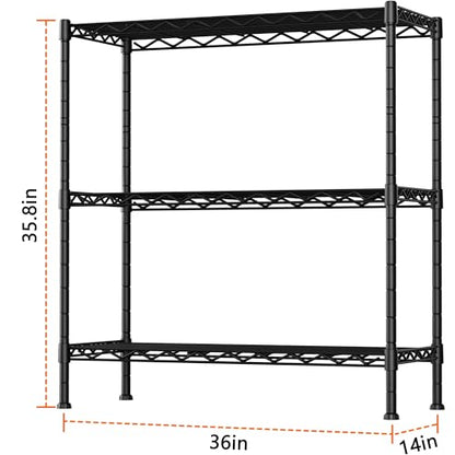 Soywey 3-Shelf Adjustable Heavy Duty Storage Shelves,36" Wx14 Dx35.8 H Metal Organizer Wire Rack for Laundry Bathroom Kitchen Pantry Closet Garage Shelving Black - size: 3-Shelf, style: No Wheels