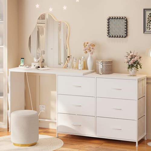 Simoretus Modern Corner Vanity Desk with 6 Fabric Drawers Power Outlet Side Pocket L Shaped Drawers Makeup Desk Dressing Table for Girls Women Bedroom (White) - color: White